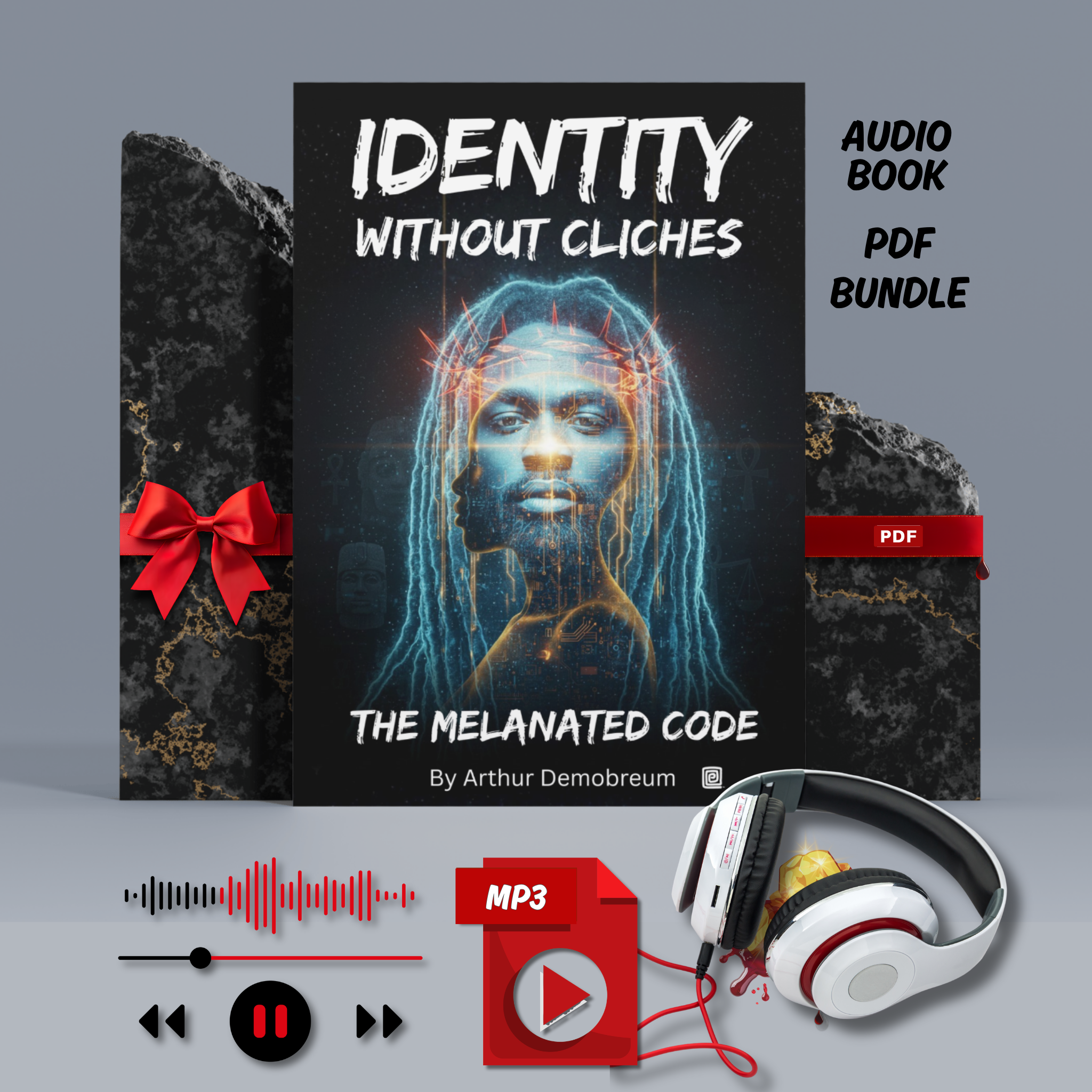 Book titled 'Identity Without Cliches: The Melanated Code' with audio and PDF bundle.